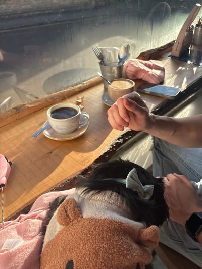 On a rustic wooden table, a casual scene unfolds. A person's hand hovers near a cup of coffee, next to a mug of latte, and a small metal container with utensils. A cell phone and pink yarn sit nearby. Another person wears jeans and a watch, while a small dog is wrapped in a pink outfit and a brown teddy bear costume.