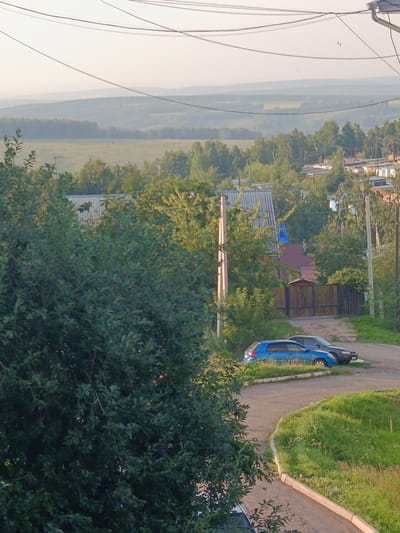 A scene in the city of Borodino, Russia, shows a rural landscape with buildings and vehicles. In the foreground, a large, leafy tree dominates the left side of the frame, obscuring part of the view. A dirt road curves through the scene, with two cars parked on it. One car is blue, and the other is dark gray. In the background, several buildings with corrugated metal roofs are visible, along with a wooden fence. Beyond the buildings, rolling hills covered in trees and fields stretch into the distance, fading into a hazy sky. Overhead, power lines crisscross the sky, adding a man-made element to the otherwise natural setting. The overall impression is one of a quiet, rural settlement on the outskirts of a town.