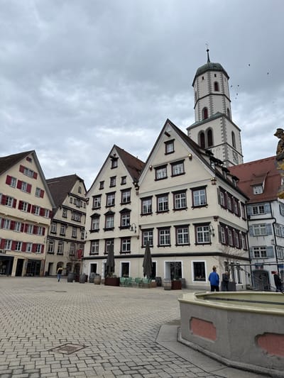 The image shows a street scene in Biberach an der Riß, Germany.  Several buildings are visible, including the Catholic Church of St. Martin, with its steeple towering into a cloudy sky. There is a square paved with light-colored bricks. A few people are present. A fountain stands in the foreground.