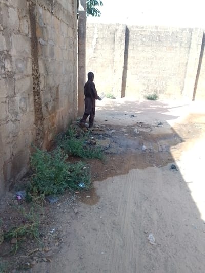 The image captures an outdoor scene, likely an unpaved path or yard situated between concrete block walls, under bright daylight. In the foreground on the left, a rough, weathered wall made of concrete blocks rises vertically, displaying variations in texture and color, with some darker vertical striations. Along the base of this wall, patches of green, leafy vegetation grow from the dirt ground, interspersed with small pieces of litter.
A person, appearing to be a child or young individual, stands with their back mostly to the camera, positioned near the base of the left wall. They are wearing dark, loose-fitting clothing that covers their arms and legs. In their left hand, they hold a light-colored, possibly transparent, rectangular container, which could be a plastic bottle or jug. Their gaze seems directed forward, into the open space.
The ground across the scene is primarily dirt or sand, uneven and showing areas of dampness or dark staining, particularly in the central and middle-ground areas, possibly indicating mud or standing water. Faint tire tracks or similar impressions are visible in the drier sandy sections of the ground.
In the mid-ground, a similar concrete block wall stretches across the frame, serving as a boundary for the open area. This wall also shows signs of wear and varying light conditions. To the left of this distant wall and between it and the standing person, a thin, dark vertical pole or pillar is visible. Beyond the distant wall, a glimpse of lighter sky and green foliage from trees or bushes can be seen at the top center.
Strong sunlight is evident, casting distinct shadows from the walls and unseen objects, contributing to the bright and clear atmosphere. The shadows fall across the ground, creating contrasting areas of light and shade. The overall impression is one of a functional, possibly neglected, outdoor space, common in some semi-urban or rural settings, dominated by earthy tones of brown, beige, and gray, accented by the green of the plants and the dark attire of the person. No discernable text is visible in the image.
