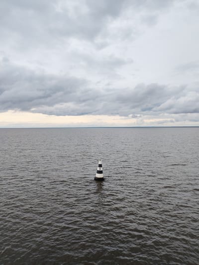 A black and white striped buoy with the number "9" on it floats in dark, choppy water under a cloudy sky. The buoy is positioned in the center of the frame. The horizon line is visible in the distance, with a thin strip of land or coastline barely discernible against the lighter sky. The image appears to be taken from a body of water, possibly a large lake or sea, and the overall atmosphere is overcast and somewhat somber. The location is identified as Veregonets, Russia.