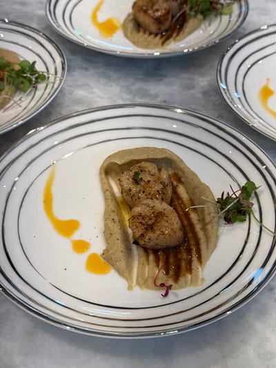 The image displays multiple plates of an appetizer served on a light grey, possibly stone or marble, table surface in Naples, United States of America. In the foreground, a white circular plate, edged with several thin, dark grey concentric lines, holds two seared scallops. The scallops are golden-brown with visible seasoning specks and rest on an uneven bed of light tan-colored puree. A dark brown sauce is drizzled over the scallops and puree. To the left, a bright yellow sauce is abstractly applied in a curved line with two smaller drops on the white portion of the plate. A small garnish of green microgreens, some with reddish stems, is positioned on the right edge of the puree. Two additional, similarly plated dishes are partially visible in the background, indicating multiple servings. No people or direct actions are depicted.