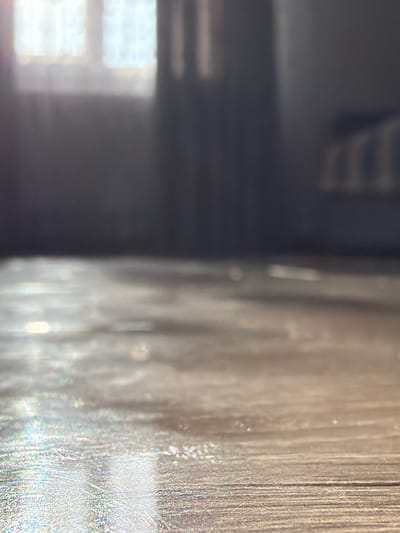 This is a close-up, abstract image with a shallow depth of field. The left side of the frame is dominated by a textured, vertical surface that appears to be made of many thin, parallel lines or strands. This surface is catching light and exhibiting a prismatic effect, with a rainbow-like sheen and small, bright glints. It's possible this is a close-up of wood grain, a brush, or some other fibrous material.
The right side of the image is much darker and out of focus. It suggests an indoor environment with a window. The window appears to have multiple panes, and light is shining through, creating bright rectangular shapes on a darker background. Some blurred horizontal lines are also visible, which could be furniture or part of the room's structure.
There is no discernible activity or event taking place. The focus on texture and light suggests an artistic or abstract interpretation rather than a documentary one. The lighting implies it could be daytime, with sunlight illuminating the textured surface and passing through the window. There are no visible people, text, or specific location cues beyond the general suggestion of an indoor space with a window. The overall mood is somewhat serene and reflective, due to the soft focus and play of light.