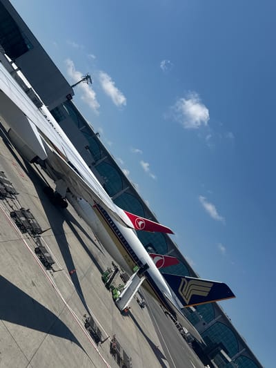 The image shows an airport scene at Arnavutköy, Turkey, under a clear blue sky with scattered white clouds. The perspective is angled, giving a sense of looking down on the tarmac. In the foreground, the wing of a large aircraft is visible, with its landing gear extended. Adjacent to this aircraft, two other airplanes are parked, one with the red and white logo of Turkish Airlines on its tail fin, and another with the dark blue and gold logo of Singapore Airlines.
Several baggage carts are lined up on the tarmac, along with a jet bridge that is connected to one of the aircraft. The airport terminal building, characterized by its modern glass and metal facade, forms the backdrop. The scene appears to be active, with ground crew and equipment present, indicating aircraft servicing operations. The lighting suggests it is daytime, likely late morning or early afternoon, given the sharp shadows cast by the aircraft and equipment.