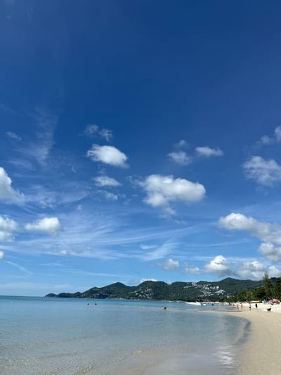 This is a wide, eye-level, outdoor, daytime photograph of a tropical beach scene in Baan Chaweng, Thailand. The sky is a clear, bright blue with scattered white clouds, some of which are wispy and streaky. The sea is calm and shallow, with clear, light blue water reflecting the sky. The sandy beach is light in color and curves from the foreground to the background.
In the distance, a range of lush green hills covered in trees and dotted with buildings forms the backdrop. Boats are visible on the water, including a white motor yacht anchored offshore.
Along the beach, there are several people walking and standing. A few individuals are in the water, and two dogs are present on the sand. Beach umbrellas and lounge chairs are set up near the tree line. The scene conveys a relaxed atmosphere of a sunny day at a popular tourist destination.