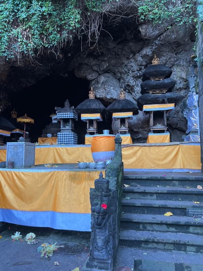 The image depicts an outdoor scene in front of a cave entrance, likely a religious site in Dawan, Indonesia. Several elaborately decorated shrines are set up on a raised platform covered with orange and white fabric. The shrines feature tiered roofs, intricate carvings, and are adorned with golden ornaments. Some shrines are draped with black and white checkered fabric. In front of the shrines, there are offerings of flowers and other items placed on the ground. The cave entrance is dark and partially obscured by the shrines. Overhead, lush green foliage hangs down from the cave's ceiling. To the right of the platform, a stone staircase leads upwards, with a warning sign visible on one of the steps that reads "WARNING: TOURISTS TO CLIMB". The overall atmosphere suggests a sacred or ceremonial space.