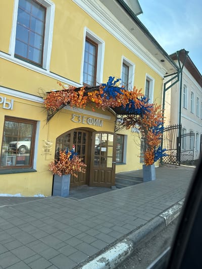 A ground-level shot of a building exterior in Ново-Никольское, Russia. The building is yellow with brown trim around the windows and doors. Blue and orange floral decorations surround the entrance. The name "ЕФИМ" is displayed above the entrance. A stone sidewalk runs alongside the building.