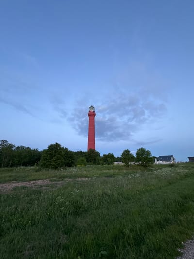 The image depicts a tall, red lighthouse standing prominently against a pale blue sky with scattered clouds. The lighthouse is situated in a grassy field with some trees in the background. To the right of the lighthouse, a white picket fence encloses a property with a dark-roofed house. The scene appears to be set at dusk or dawn, given the soft lighting and the color of the sky. The lighthouse is identified as the Paldiski Lighthouse, located in Paldiski, Estonia. The foreground is dominated by a field of tall, green grass, some of which is in shadow. The overall impression is one of a tranquil, rural landscape. There are no people or animals visible in the image.
