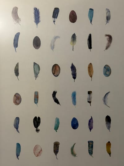 This image, located in Rzhavki 2, Russia, displays a grid of 24 individual watercolor-style illustrations against a plain, light-colored background. The grid is arranged in six rows and four columns. Each illustration depicts either a distinct bird feather or an ovoid shape resembling an egg or a polished stone. No people, animals, actions, or interactions are visible.
The items are specifically detailed as follows:
Row 1: A light pinkish-brown feather, a medium blue feather, a dark blue feather with a lighter tip, and a dark reddish-brown ovoid.
Row 2: A medium blue feather, a dark grey ovoid, a light grey or off-white feather, and a yellowish-green feather.
Row 3: A dark olive-green feather, a grey-green feather, a reddish-brown ovoid with subtle streaking, and a dark purple-blue feather.
Row 4: A mottled blue and brown ovoid, a brown and blue-green feather, a solid black feather, and a bright blue feather.
Row 5: A dark blue-grey feather, a dark, bilobed, possibly seed-like or unusually shaped object, a teal-colored feather, and a solid dark blue ovoid.
Row 6: A light blue feather, a light pinkish-brown ovoid, a brown and dark grey feather, and a yellowish-green feather with a curved form.