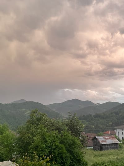 The image depicts a landscape in Zhaltusha, Bulgaria. In the foreground and midground, there are green trees and vegetation. A few buildings with red-tiled roofs and a building with a rusty corrugated metal roof are present. Mountains form the background. The sky is overcast with heavy clouds, suggesting an impending storm. Overall, the scene is of a rural landscape in the region.