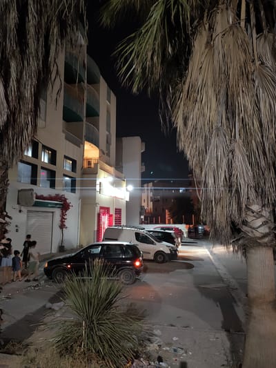 The image captures a night scene on a street in an unknown city in Tunisia, likely a residential or commercial area. Two large palm trees frame the view, their fronds obscuring parts of the background. In the mid-ground, a multi-story building with balconies and windows is visible, with some lights on inside. A white van and a black car are parked in front of the building, along with other vehicles further down the street. A group of children are standing near the black car, appearing to be engaged in conversation. A shopfront with a rolling security shutter is located on the ground floor of the building, with a sign indicating it is a "BOULANGERIE & PATISSERIE." The street is paved, and there is some litter scattered on the ground. The overall impression is of a quiet, ordinary evening in a Tunisian town.