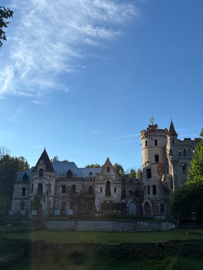 The image depicts the ruins of a large, ornate castle-like structure. The architecture suggests it was once a grand estate, possibly a palace or a manor house, with multiple towers, turrets, and varied rooflines. The building appears to be in a state of severe disrepair, with crumbling brickwork, missing windows, and damaged roofs. Vegetation, including trees and grass, is growing around and on parts of the structure, indicating its abandonment. The sky above is blue with scattered wispy white clouds. The setting appears to be outdoors, with a grassy area and trees visible in the foreground and surrounding the building. The overall impression is one of decay and historical neglect. This structure is located in the village of Muromtsevo, Russia, and is known as Khrapovitsy Estate. There are no people or animals visible in the image.