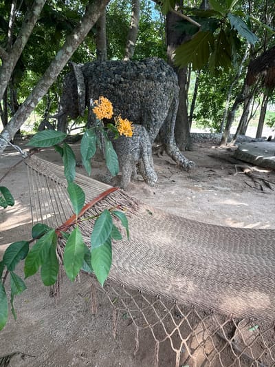 In a sandy, outdoor area with scattered trees and foliage, a hammock is strung between two trees. The hammock, made of tightly woven rope, is in the foreground, with a branch bearing green leaves and a cluster of small orange flowers extending over it. In the background, a large, textured sculpture resembling an elephant, constructed from dark gray and tan pebbles, stands amidst the trees. The elephant sculpture is partially obscured by tree trunks and branches. The ground is covered in fine sand and dirt, with visible tree roots. The lighting suggests it is daytime, with dappled sunlight filtering through the leaves. The location is identified as Nam Khanh Vinh city, Vietnam.