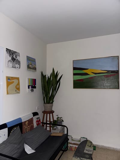 This image depicts an interior living space located within the Gilboa Regional Council, Israel. The room features white walls and a light-colored ceiling. The flooring appears to be a light-toned tile or concrete.
On the left wall, four rectangular artworks are displayed vertically and horizontally:
1. Top left: A black and white illustration depicting multiple stylized faces, possibly of a music group.
2. Top right: A poster for the animated film "Shrek," featuring characters Shrek, Donkey, and Princess Fiona.
3. Bottom left: A yellow-orange poster with a winding road design leading to a small figure, accompanied by text that includes "Bruno Mars."
4. Bottom right: A graphic resembling a television test pattern, featuring vertical colored bars and a black and white section below.
A white electrical outlet is visible on the wall below the "Shrek" poster. A white door frame is partially visible on the far left.
In the corner, a tall snake plant (Sansevieria trifasciata) in a grey pot is positioned on a three-legged wooden stool with a round top. Below the stool, two smaller potted plants, one in a white pot and another in a clear glass container, rest on a grey cinder block.
The right wall features a large, horizontally oriented landscape painting. The painting displays a light blue sky, dark blue/black hills, a prominent yellow field, and various green fields with scattered red, possibly floral or structural, elements. The painting is enclosed in a thin wooden frame.
In the foreground, a dark-colored sofa or daybed with a visible metal frame is present. Two grey, ribbed cushions are placed on its seat. A multi-patterned blanket, featuring a black and white checkerboard, a skeletal design, and a red heart with "CDG Play" text, is draped over the backrest. A small, light-colored wooden board rests on the right armrest of the sofa.
On the floor to the right of the sofa, a skateboard with a dark deck featuring camouflage patterns and anchor graphics leans against the wall, its green wheels partially visible. Adjacent to the skateboard, a cardboard box displaying images of fruit is visible, lying on its side.