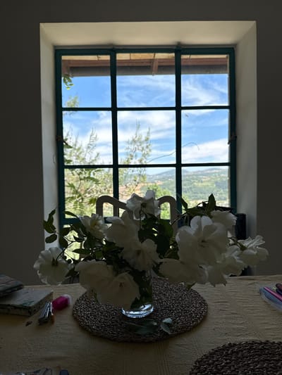 The photograph depicts an indoor scene featuring a window and a table setting. The window, divided into multiple panes with a dark green frame, looks out onto a landscape with vegetation, a clear blue sky, and distant hills that indicate the scene is in Kfar Vradim, Israel. A vase of white flowers is placed to the right of the window, partially obscuring the view. The table is covered with a textured beige cloth and has a braided placemat. Other objects, including a pink eraser, stapler, and various items, are on the table. The room itself appears dimly lit, and the focus is on the contrast between the indoor space and the bright outdoor scenery.