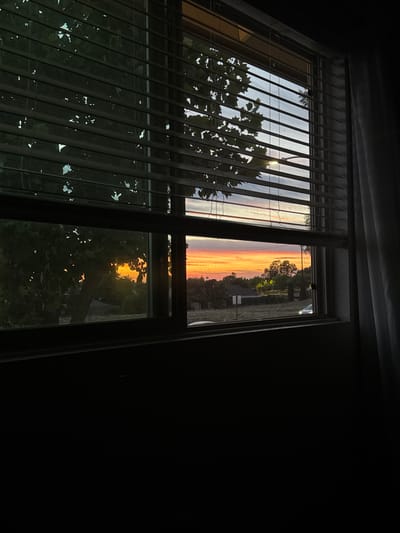 A view through a window with blinds at sunset. The blinds partially obscure the scene outside, which depicts a rural landscape with trees, houses, and a road. The sky is filled with vibrant orange and yellow hues, indicating the sun is low on the horizon. The foreground is dark, suggesting the interior of a room. The image was captured in Sacramento, United States.