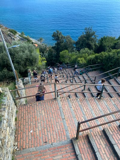 This image captures a high-angle view of the Lardarina, a long, steep outdoor staircase in Corniglia, Italy, descending towards the Ligurian Sea. The staircase is constructed from reddish-brown bricks laid in a stretcher bond pattern, interspersed with sections of grey stone steps and risers. Multiple dark, rusted metal handrails flank both sides of the descending flights.
Approximately 15-20 individuals are present on the stairs. Most are seen descending towards the sea, with figures visible across various levels of the staircase. In the foreground, two individuals are positioned on the stairs; one person is seen from the back, appearing to wear dark shorts and a top, with another person in a dark blue shirt and pants positioned slightly below them. Further down, a person in a white and blue striped long-sleeved shirt is observed ascending the stairs on the right side, holding the handrail.
Lush green Mediterranean vegetation, including trees and dense shrubs, borders the staircase on both sides and extends down to the coastline. A tall, light-colored utility pole with a streetlight fixture stands on the left side near a stone retaining wall. A railway line is visible along the distant coast on the left, just above the deep blue sea. The scene is brightly illuminated by natural daylight. A small piece of white debris is visible on the brick steps in the lower foreground.