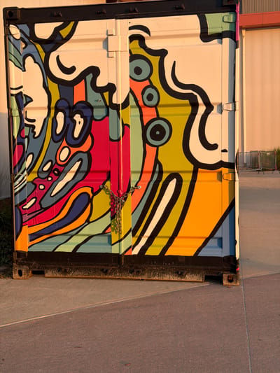 A close-up, ground-level, full shot captures a brightly painted, graffiti-adorned shipping container sitting on a paved surface in Virginia Beach, USA. The container is painted with bold, abstract shapes and lines in a variety of colors including pink, yellow, orange, blue, green, and white, outlined in thick black. The left side of the container features what appears to be a stylized face with round eyes and a flowing, abstract element. A heavy metal chain with a padlock secures the two doors of the container in the center. The sunlit right side of the container shows more abstract patterns and a door handle. The container sits on a black metal frame, with a visible concrete and asphalt ground surface in front of it. In the background, a light-colored building with a red trim is visible, along with a metal barrier fence. The lighting suggests it is late afternoon or early evening, with a warm glow cast on the scene.