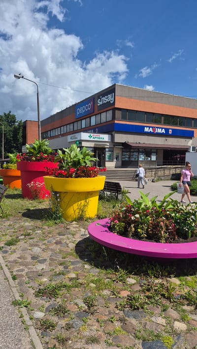 This media file captures a street scene in Daugavpils, Latvia, on a bright, sunny day with scattered white clouds. The perspective is slightly tilted, suggesting the photo was taken from a low angle or the camera was held askew.

The foreground features a vibrant display of large, colorful planters filled with lush green plants and red and white flowers. These planters are arranged in a row and appear to be made of metal, with prominent colors like pink, yellow, and red. The ground beneath them is paved with rough, irregular stones, interspersed with patches of grass and weeds, indicating an outdoor urban environment.

Behind the planters, a multi-story building dominates the background. The building has an orange-colored facade on the upper floors and displays prominent signage for various businesses. Visible text includes "Maxima," a large supermarket chain, "Sinsay," a fashion retailer, and "Pepco," a discount store. Further down, the text "EURO APTIEKA" with a green cross symbol indicates a pharmacy.

Several people are visible on the sidewalk in front of the building. One woman in a pink top and shorts is walking, holding a white bag. Another person in a white outfit is also walking towards the building entrance. Their presence suggests a typical day with shoppers and passersby.

The overall scene evokes a sense of urban life, with a blend of commercial activity and public space enhanced by decorative elements like the flower planters. The bright sunlight and blue sky suggest it is daytime, likely late morning or afternoon.