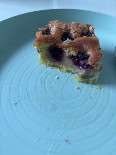 A slice of blackberry cake sits on a light blue plate. The cake is a golden brown on top with visible blackberries embedded in the cake. The plate has concentric circles embossed into it. There are small crumbs scattered on the plate around the cake. The scene appears to be indoors, likely in a domestic setting, but there is no information available to pinpoint a specific location in Падлабенскі сельскі Савет, Belarus.