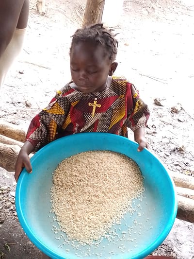 A young child with dreadlocks, wearing a colorful, patterned shirt with a gold cross pendant, holds a bright blue plastic bowl filled with uncooked rice. The child's eyes are closed as they look down at the bowl. The background shows a dry, outdoor environment with rough, light-colored soil, scattered rocks, and tree trunks. The scene appears to be located in Kajola, Nigeria.