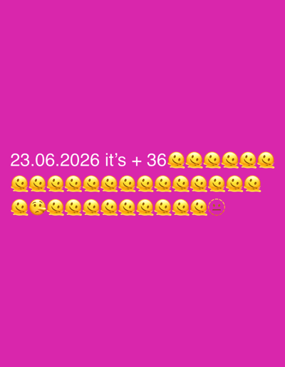 This is a digital image with a bright pink background. In the lower half of the image, there is text and a series of emojis. The text reads "23.06.2026 it's + 36". Following the text is a row of melting smiley face emojis. Below this row, there is another row of melting smiley face emojis, but one emoji in this row is a melting face with a sad expression and a long nose, resembling Pinocchio. The final emoji in the second row is a neutral face emoji. The image appears to be a creative or symbolic representation, potentially related to a countdown or a message conveyed through a combination of text and emojis. There are no discernible scene, setting, time of day, or weather cues, other than the uniform pink background. The emotion conveyed is a mix of the cheerful melting emojis and the one contrasting sad emoji, suggesting a possible juxtaposition of positive and negative feelings or a humorous twist. The provided location context of Saint-Imier, Switzerland, does not appear to be directly depicted or referenced within the image itself.