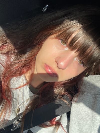 A close-up portrait shows a young individual, likely female, with fair skin and long, wavy brown hair displaying reddish-auburn highlights, styled with a full fringe. The subject's head is tilted slightly, with a direct gaze toward the camera, revealing hazel (greenish-brown) eyes and glossy lips. She wears a light grey long-sleeved top over a darker garment, adorned with multiple silver-colored necklaces, including one featuring a detailed silver elephant pendant with a light blue stone, and another with a small gold heart-shaped locket. A black seatbelt strap is visible across the subject's right shoulder and chest, indicating an interior vehicle setting. Direct sunlight illuminates the right side of the face and hair, creating strong highlights and casting partial shadows on the left. The background is dark and indistinct, consistent with a car interior. The scene is located in the Ndlambe Local Municipality, South Africa.