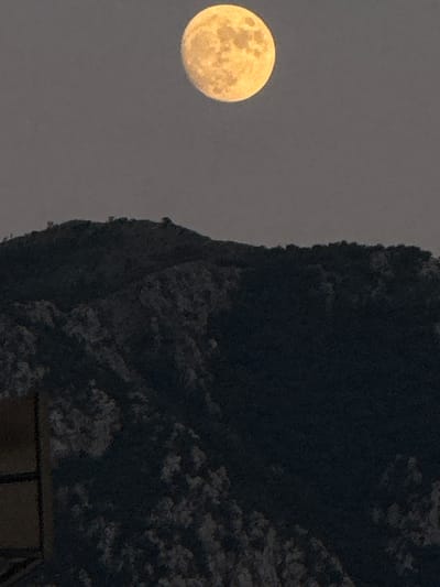 A full, yellow moon hangs in a hazy, gray sky above a dark, mountainous landscape. The moon is prominently positioned in the upper center of the image. The mountain slopes are covered with dense foliage, creating a textured, dark green appearance. The peak of the mountain is visible in the middle ground, and it appears to be topped with small, dark structures, possibly buildings or trees. In the lower left corner of the image, a portion of a dark structure, possibly a balcony or railing, is visible. The overall scene suggests a natural, perhaps rural, environment under the glow of the moon, with hints of human presence at the mountain's summit. The location is identified as Trap, Montenegro.