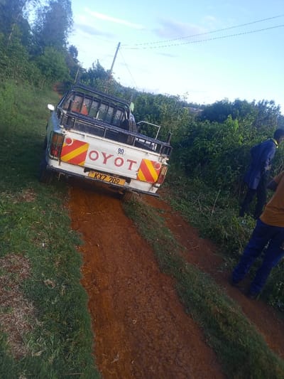This image depicts an unpaved, reddish-brown dirt road in Karuri, Kenya, under daylight conditions with a partly cloudy blue sky. A white Toyota pickup truck, license plate KXZ 209, is positioned on an incline, facing away from the viewer. The truck's tailgate features red "TOYOTA" lettering (partially visible as "OYOT"), red and yellow reflective diagonal stripes, and a circular "80 KPH" speed limit sticker. A black metal frame structure and a tire are visible in the truck bed. The road is bordered by dense green vegetation, with taller trees on a hillside in the background on the left. A wooden utility pole with wires stands on the left. Two individuals are present on the right side of the road: one person, seen from the waist down, wears a brown top and blue pants; another person further back wears a dark blue top and dark pants, partially obscured by foliage. Both individuals appear to be standing.