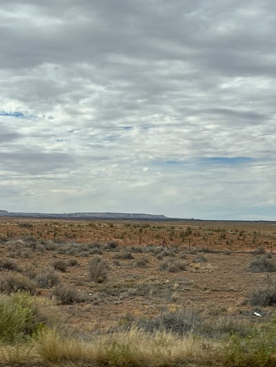 The image depicts a wide, arid landscape under a cloudy sky. The foreground is dominated by dry, sparse vegetation and low shrubs, with taller grasses in the immediate front. A wire fence with wooden posts is visible stretching across the middle ground, dividing the dry, reddish-brown soil. In the distance, a flat-topped mesa or plateau forms a horizontal line across the horizon. The sky is filled with a heavy layer of grey and white clouds, with hints of blue sky peeking through in some areas. The scene is devoid of any visible people or discernible structures apart from the fence. The location is identified as Cow Springs, United States of America, suggesting a rural or undeveloped area.