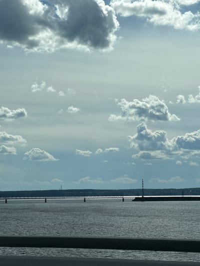 The image shows a large body of water under a cloudy sky. The water is dark and choppy, reflecting the light from the sky. On the horizon, there is a line of trees and some distant structures. There are also several power lines extending across the water, supported by tall towers. The sky is filled with a mix of white and gray clouds, with patches of blue visible. The sun is not directly visible, but its light creates a bright, hazy atmosphere.
The scene appears to be a wide-open natural landscape, possibly a lake or a wide river. The power lines suggest an industrial or infrastructure element within the otherwise natural setting. The time of day is likely daytime, given the brightness of the sky, but the cloudy conditions might obscure the direct sun. The weather appears to be partly cloudy or overcast.
The image is oriented vertically, which is unusual for landscape photography, and may suggest it was taken from a moving vehicle or a specific vantage point. There is no visible text in the image. The overall mood of the image is serene and vast, with a touch of industrial presence. The image does not depict any people or specific activities, focusing on the natural elements and man-made structures.
