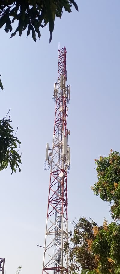 A telecommunication lattice tower stands against a clear, light blue sky in Barnawa, Nigeria. The tower, constructed from a metallic framework, features alternating sections of red and white paint. Multiple rectangular panel antennas are affixed at various heights along the tower, predominantly in clusters, alongside several circular dish antennas. Cables run vertically down the structure. At least two white lights are visible on the tower's framework. A ladder is integrated into one side of the tower. Dark green foliage from trees partially frames the top-left and right sides of the image; some trees exhibit light-colored blossoms or small fruit. A dark fixture, possibly a street light, is attached to a lower section of the tower on the left. No individuals or active interactions are depicted.