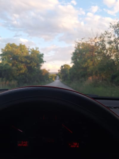 The image is a POV shot from inside a car, looking out through the windshield and over the dashboard. The steering wheel is visible in the foreground, and the dashboard instruments display red digital readouts. One shows "5:42" and "29.07.2001," and another shows "732.1" and "223710." The road ahead is a paved surface that curves to the left and disappears into the distance. The road is lined on both sides by trees with green and yellow foliage, suggesting it is either late summer or early autumn. The sky is filled with white and gray clouds against a blue backdrop. The overall impression is of a scenic drive. No specific landmarks in Goran, Bulgaria are identifiable.