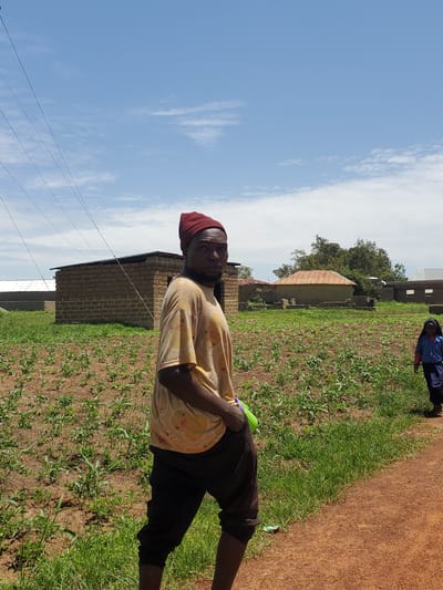 In Pankshin, Nigeria, a young man wearing a red beanie and a yellow t-shirt stands in the foreground, looking to the left of the camera. He is positioned on a dirt path next to a field of young crops. Behind him, a brick building with a corrugated metal roof stands under a blue sky with scattered clouds. Further in the background, another similar building and a round hut with a rusty metal roof are visible. A young girl in a blue shirt and dark skirt walks away from the camera on the dirt path to the right. The environment is rural, characterized by agricultural land and simple structures.