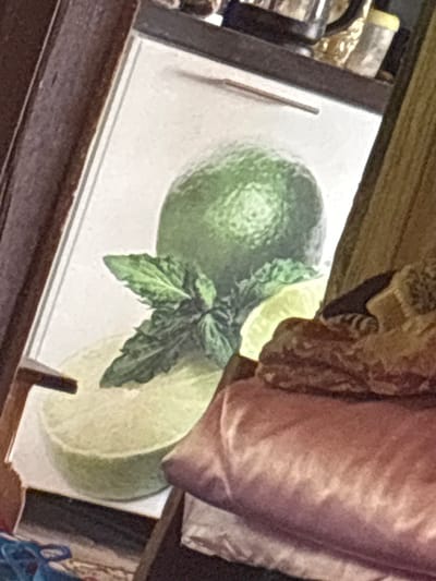 The image shows a still life painting featuring a lime and mint leaves. The painting is framed by a dark brown wooden border. The background of the painting is white, and the subjects are rendered in realistic detail. The painting is positioned on what appears to be a shelf or a piece of furniture, and the foreground of the image is occupied by folded fabrics in shades of pink and brown, suggesting the painting is either on display in a home or part of a collection. There are no people or animals visible in the image. The location of the image in Yanevo, Russia is not discernible from the visual information provided.