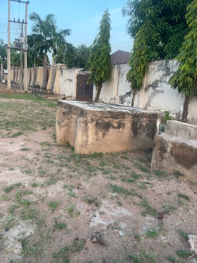 An outdoor scene in Wauro Jabbe, Nigeria, shows two weathered, concrete structures in the foreground, one larger and rectangular, the other smaller and partially visible to its right. The ground is a mix of dirt and sparse, dry grass. In the background, a white, weathered wall runs horizontally across the image, punctuated by a dark metal gate. Palm trees and other green foliage grow behind the wall, and tall, slender trees with dense green leaves are positioned in front of the wall. The sky is a pale blue with some clouds. A utility pole with electrical equipment is visible on the left side of the frame.