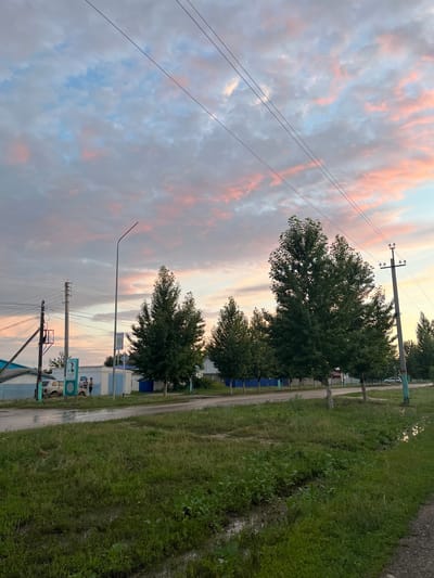 The image depicts a street scene in Qobda, Kazakhstan, during a cloudy sunset. The sky is filled with streaks of pink and blue, indicating the sun is low on the horizon. Power lines crisscross the sky, supported by utility poles. A row of green trees lines the side of the road, with some buildings visible behind them. The road appears wet, with puddles of water reflecting the sky, suggesting recent rain. Grass and weeds grow along the roadside. Several people are standing near a vehicle and a blue and white building, engaged in conversation. The overall impression is a quiet, residential area at dusk.