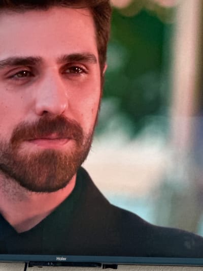 The image shows a close-up of a man's face. He has dark hair and a beard. His eyes are brown, and he has a slight smile on his lips. The background is out of focus, but it appears to be an outdoor setting with greenery. There is a television screen with the brand "Haier" visible at the bottom of the image. The man is wearing a dark shirt. The lighting suggests an indoor setting or a time of day with warm light. The location of Uyutnoye, Ukraine, is not discernible from the visual information provided in the image.