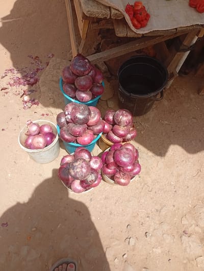 The scene is a ground-level outdoor market stall in Barnawa, Nigeria, displaying red onions. Five containers hold the onions: two blue plastic baskets, two beige plastic baskets, and one off-white plastic bucket. One blue basket is positioned near a wooden market table holding a collection of red peppers. Next to the table is a black bucket of water. Scattered onion skins are visible on the ground. A partial shadow is cast by a person standing taking the photo. A sandal-clad foot is visible in the lower center of the frame.
