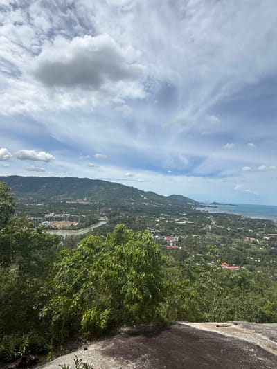 A wide-angle, high-angle shot captures a panoramic view of a lush, green valley leading to the ocean, situated in the vicinity of Baan Harn, Thailand. The foreground features a large, dark, weathered rock with patches of lighter grey, partially covered by foliage. In the mid-ground, dense green trees with broad leaves dominate, with some smaller plants and ferns visible closer to the rock. Beyond the trees, a body of water, possibly a river or inlet, is visible, with a stadium and some buildings situated on its banks. The valley floor is covered in a dense, green landscape of trees and scattered buildings with red rooftops. In the distance, the ocean meets the horizon under a partly cloudy sky. The clouds are a mix of white and grey, with streaks of blue sky visible between them. The overall atmosphere is serene and natural, suggesting a remote or less developed area. No people are visible in the image.