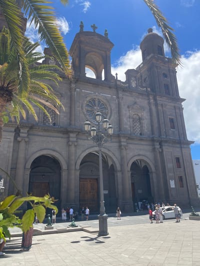 The image shows the side facade of a large, old stone cathedral with a tall bell tower, likely in Las Palmas, Spain. The cathedral features intricate stonework, arched doorways, and decorative windows. Palm trees with green fronds are visible in the foreground, some obscuring parts of the building and the sky. The sky is blue with scattered white clouds, suggesting a sunny day. A street lamp with multiple lights stands near the cathedral. A paved plaza in front of the building is populated by several people, some standing and observing the cathedral, others in small groups. A white car is also parked on the plaza. The people appear to be tourists or visitors, dressed casually in warm-weather clothing. The sun casts shadows on the plaza, indicating it is daytime. The overall impression is that of a sunny, active tourist spot.