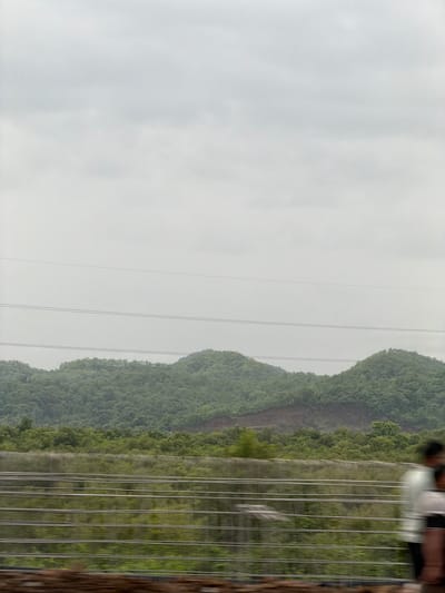The image captures a panoramic view of a verdant, hilly landscape under an overcast sky. In the foreground, a blurred fence with multiple horizontal bars runs across the frame. Beyond the fence, a dense green foliage extends, with some trees appearing to be cultivated, possibly part of a farm or nursery. In the mid-ground, rolling hills covered in lush green vegetation dominate the scene, with a visible patch of exposed earth on one of the slopes, suggesting a landslide or construction. Overhead, several power lines are strung across the sky. On the right side of the frame, the blurred figures of two individuals, one in a light-colored garment and the other in darker clothing, are visible, seemingly walking or standing near the fence. The overall impression is one of a rural or semi-rural setting, possibly on the outskirts of a city.