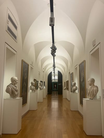 The image depicts a long corridor in an art museum, likely located in Turin, Italy, given the displayed artwork. The corridor features a distinctive arched ceiling with recessed lighting. Along both sides of the corridor, classical busts are displayed on white pedestals, each accompanied by a framed painting mounted on the wall behind. The floor is made of wood panels, and a black track lighting system runs along the center of the corridor's ceiling. In the distance, the corridor leads to a darker, more enclosed space. There are no people visible in the photograph.