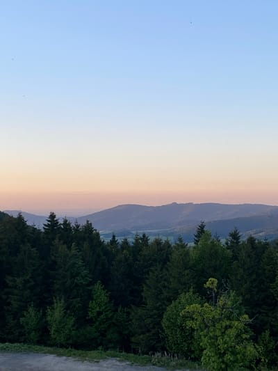 The image depicts a landscape in Loučná nad Desnou, Czechia, showcasing a gradient sky transitioning from light blue to pale orange near the horizon. Rolling hills are visible in the middle ground, partially obscured by a dense forest on the right side of the image. The foreground consists of lush green trees. A dirt road edge is visible on the bottom right.