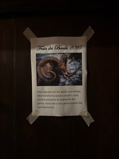 A white paper poster is securely taped with four pieces of light-colored masking tape to a dark, wooden surface, possibly a door or wall, in a dimly lit environment. The poster features a prominent image of a brown ram or goat with large, curled horns, looking upwards.
On the left side of the poster, vertically aligned, the text "Festa dei Becchi 2025" is printed in a decorative script. "Becchi" in Italian can refer to male goats/rams or colloquially to cuckolds.
To the right of the image, a message in Italian reads: "Mia cognata ieri ha avuto una bimba. Mio fratello ha voluto a tutti i costi essere presente al momento del parto, visto che si era perso quello del concepimento." This translates to: "My sister-in-law had a baby yesterday. My brother insisted on being present at the birth, as he had missed the conception."
The combination of the "Festa dei Becchi" title, the ram image, and the humorous, ironic anecdote strongly suggests the poster is an announcement for an event, likely a satirical or traditional festival playing on the double meaning of "becchi," often associated with marital infidelity or cuckoldry, in a lighthearted manner. The setting is likely indoors or in a sheltered outdoor location within Monterosso al Mare, Italy, given the context provided.