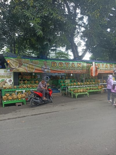 The scene takes place in front of a storefront in Purwokerto, Indonesia, located at coordinates -7.417 latitude and 109.249 longitude. The storefront is identified as “DOYAN DURIAN” and “RIAN,” with signs indicating that it is a durian vendor. There are numerous durian fruits displayed on wooden crates lined up along the storefront. A man in a blue shirt and gray pants sits on a red motorbike, which is parked in front of the storefront. A second man, wearing a white shirt, is standing outside the storefront. A woman in a black hijab is walking away from the storefront, followed by another woman in a pink shirt. There is a large tree in the background, covering much of the storefront. The ground is paved and appears to be a street. The weather appears overcast.