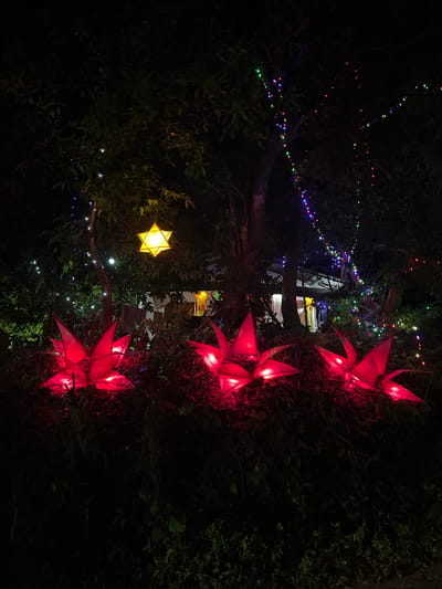 The image, taken at night in Moodugamuawa, Sri Lanka, features illuminated decorations in a garden setting. Three red, flower-shaped lanterns are arranged vertically along the right side. A yellow, star-shaped lantern is visible to the left, amidst trees. Strands of multicolored string lights are strung between trees. Dark foliage and obscured structures are also present.
