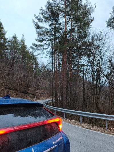 A blue Mitsubishi Eclipse Cross SUV, viewed from the rear-driver's side, is stationary on the right shoulder of a paved asphalt road. The vehicle's rear window is soiled, and its red taillights, including a prominent horizontal light bar, are illuminated. A shark fin antenna is visible on the roof. The road ahead curves sharply to the left, marked by a silver metal guardrail following its contour on the right. A white and red chevron sign is visible on the wooded slope to the left of the road, indicating the sharp turn. The environment consists of a dense forest with a mix of tall coniferous trees with green needles and reddish-brown trunks, and numerous bare deciduous trees, suggesting late autumn or winter conditions. The sky is overcast and light grey. No individuals are present. The scene is located in the city of Sveti Konstantin, Bulgaria.