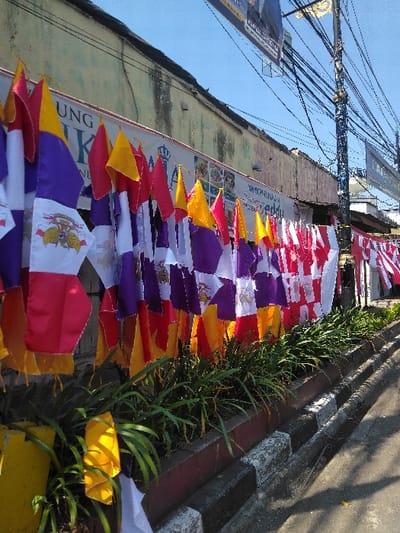 This outdoor scene, captured under clear daylight in Bojongherang, Indonesia, presents a street lined with decorative elements. A horizontal string of numerous small flags, primarily red, yellow, purple, and white, is suspended at mid-ground. Several white flag segments display a distinct crest, depicting a stylized bird with a shield. In the background, a light-toned building with visible facade wear and cracks is situated behind a series of banners. These banners include one with partially visible text "UNG", another with "M" and "A", and a larger promotional banner featuring a male individual's likeness, alongside the text "Eddy" and "UMKM". To the right, a utility pole densely packed with black electrical cables extends vertically. The foreground features a concrete planter box containing green foliage, positioned adjacent to a street curb. The curb is painted with alternating black and white stripes. Asphalt pavement is visible to the right of the curb, exhibiting distinct shadows. No persons are observed within the frame.