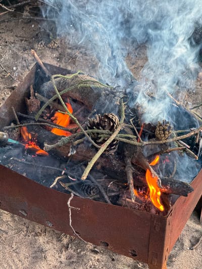 An outdoor fire burns in a rustic, rusty metal fire pit. The pit contains a mixture of dry branches, twigs, and pinecones, some of which are engulfed in flames. Wisps of white smoke rise from the fire, obscuring the background. The fire pit is situated on a sandy surface, likely a beach or a similar natural environment. The scene appears to be located in Fort-Krasnaya Gorka, Russia, given the context provided. No people are visible in the image.